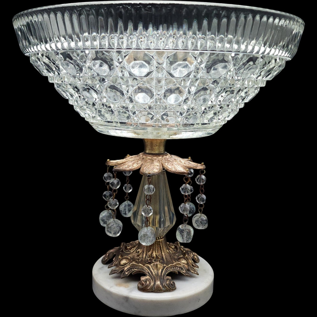Vintage Cut Glass Centerpiece Compote with Crystal Prisms on Italian Marble Base