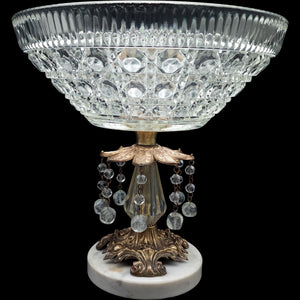 Vintage Cut Glass Centerpiece Compote with Crystal Prisms on Italian Marble Base