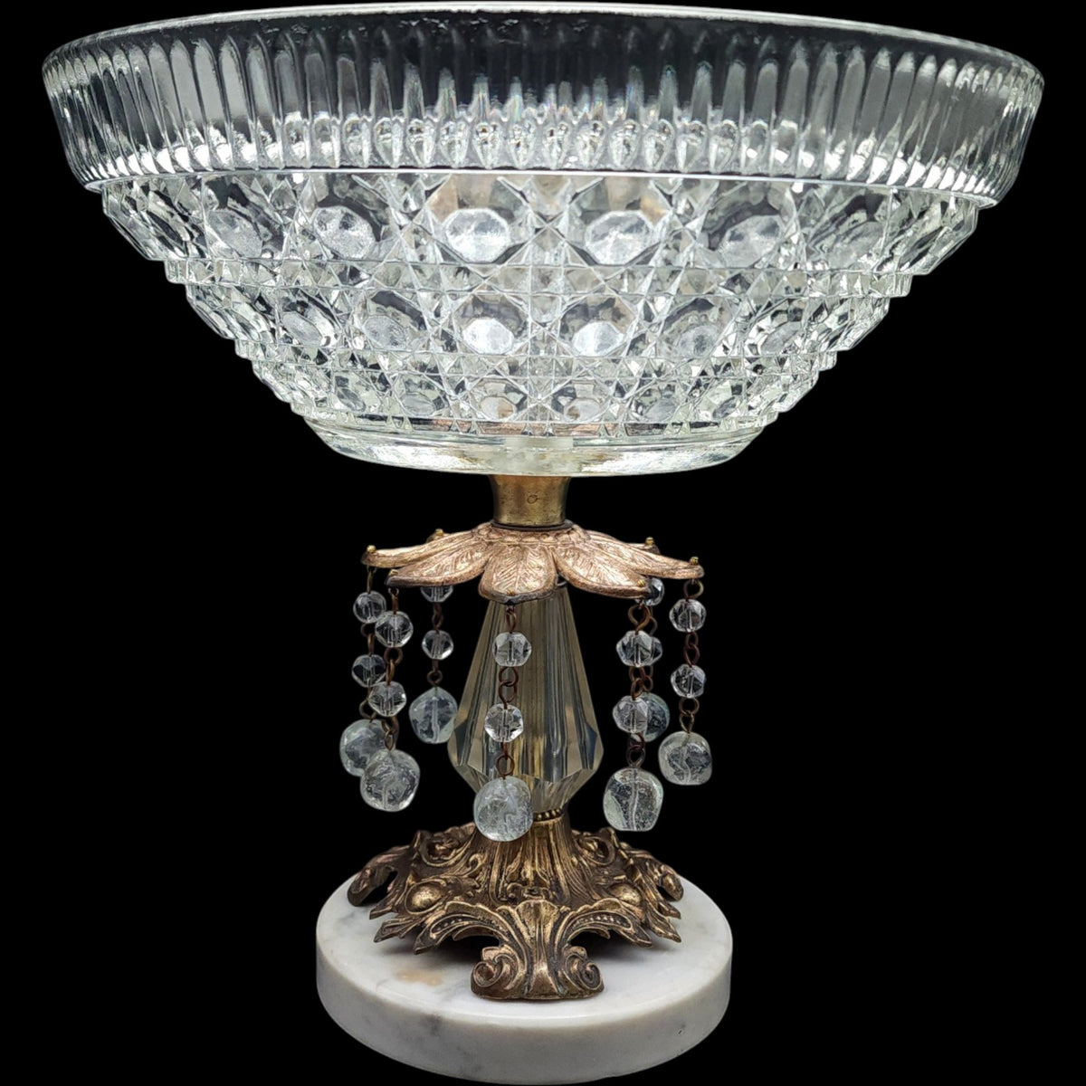 Vintage Cut Glass Centerpiece Compote with Crystal Prisms on Italian Marble Base