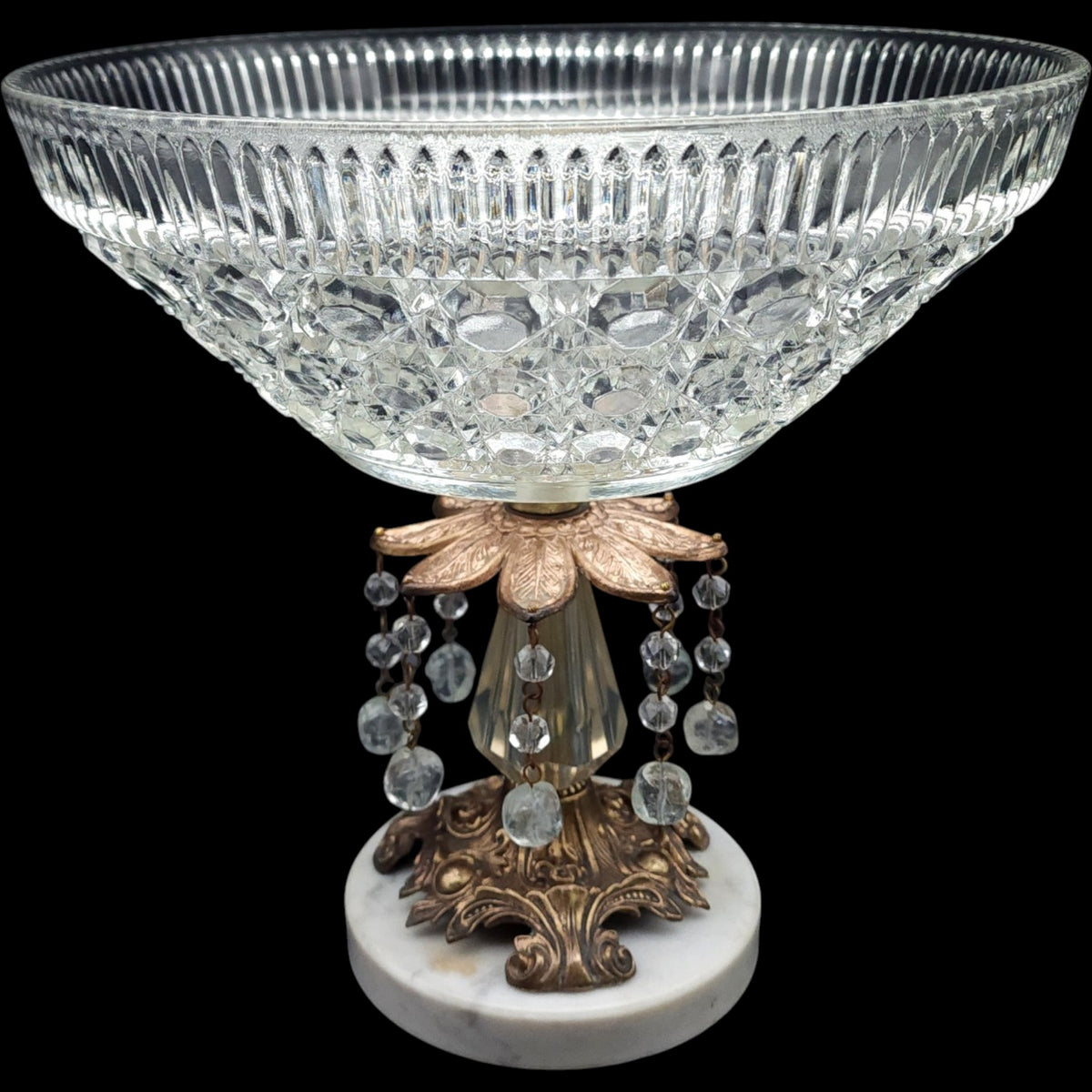 Vintage Cut Glass Centerpiece Compote with Crystal Prisms on Italian Marble Base