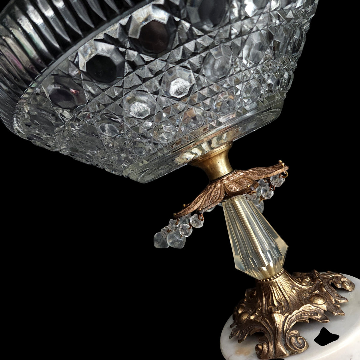 Vintage Cut Glass Centerpiece Compote with Crystal Prisms on Italian Marble Base