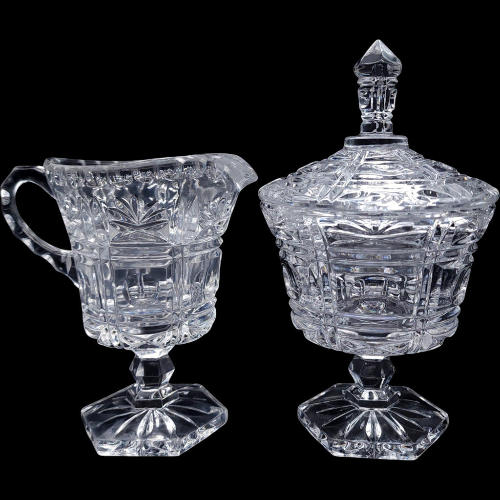Vintage Cut Glass Creamer and Covered Sugar Bowl Set Pedestal Base