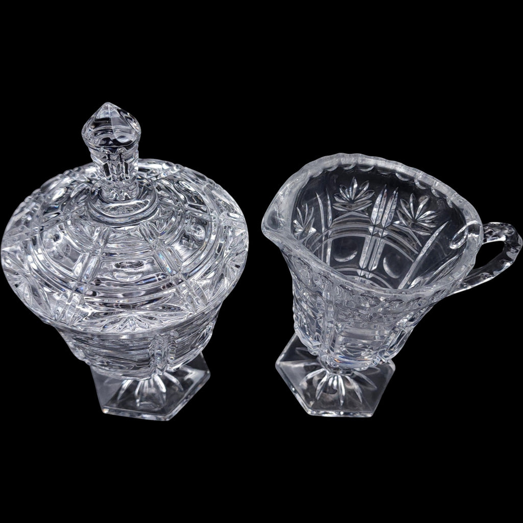 Vintage Cut Glass Creamer and Covered Sugar Bowl Set Pedestal Base