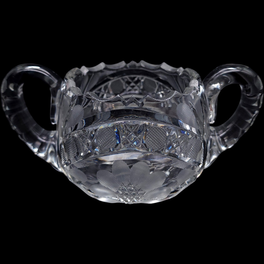 Vintage Cut Glass Open Sugar Bowl with Wheel-Cut Floral Base
