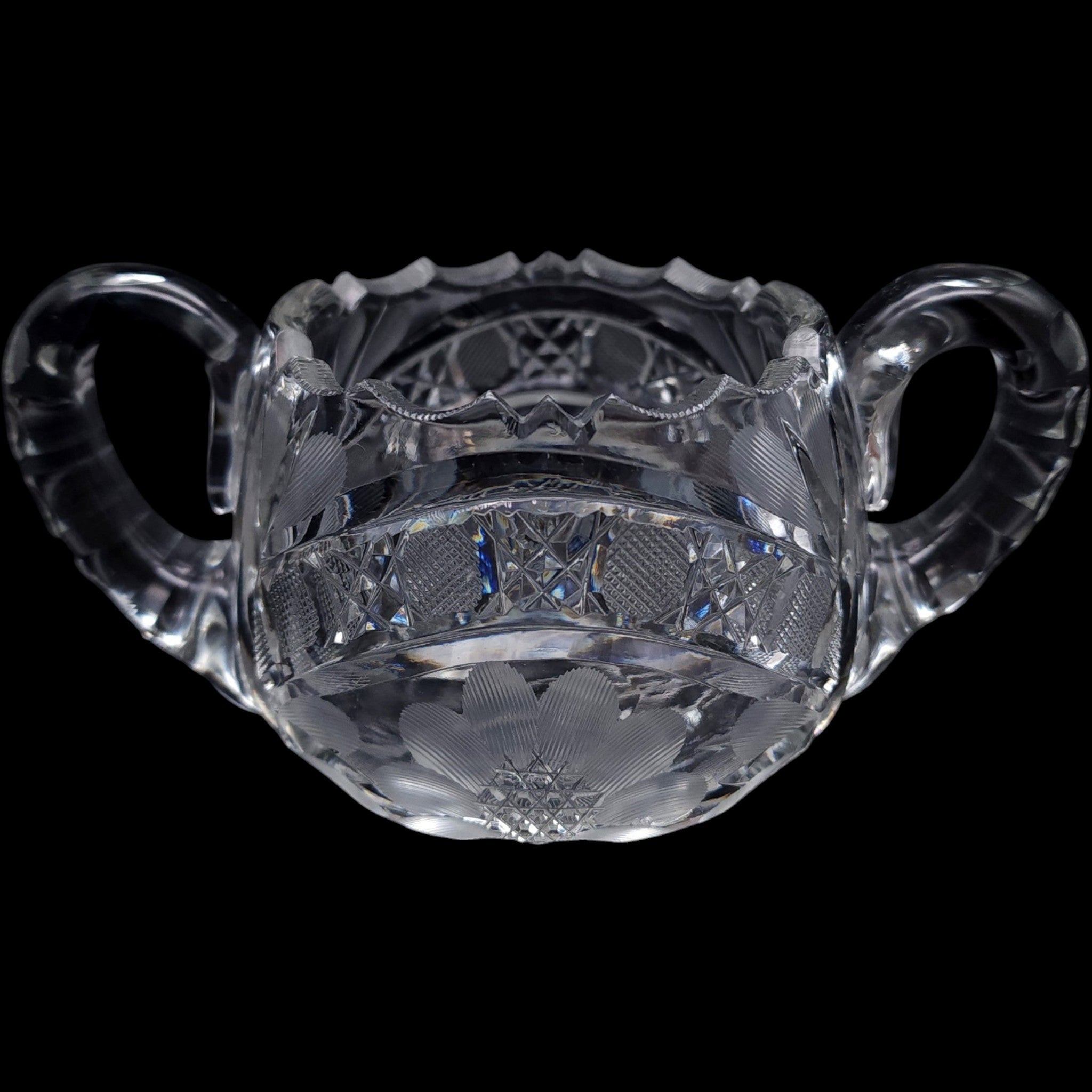 Vintage Cut Glass Open Sugar Bowl with Wheel-Cut Floral Base