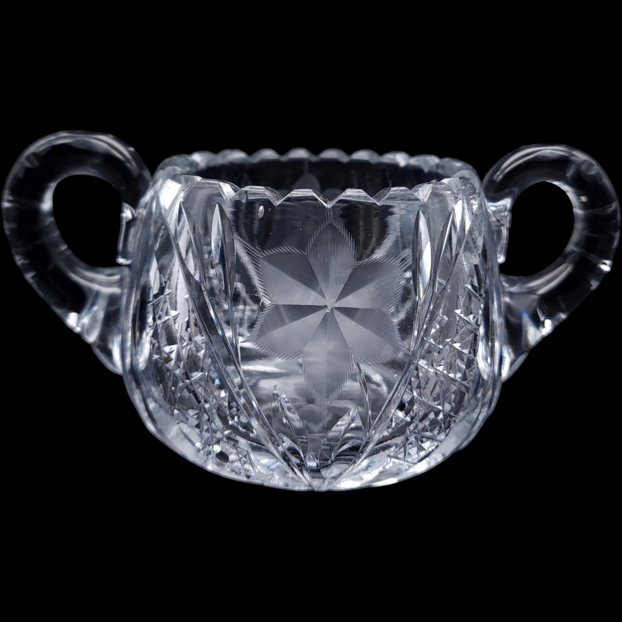 Vintage Cut Glass Open Sugar Bowl with Wheel-Cut Floral Base