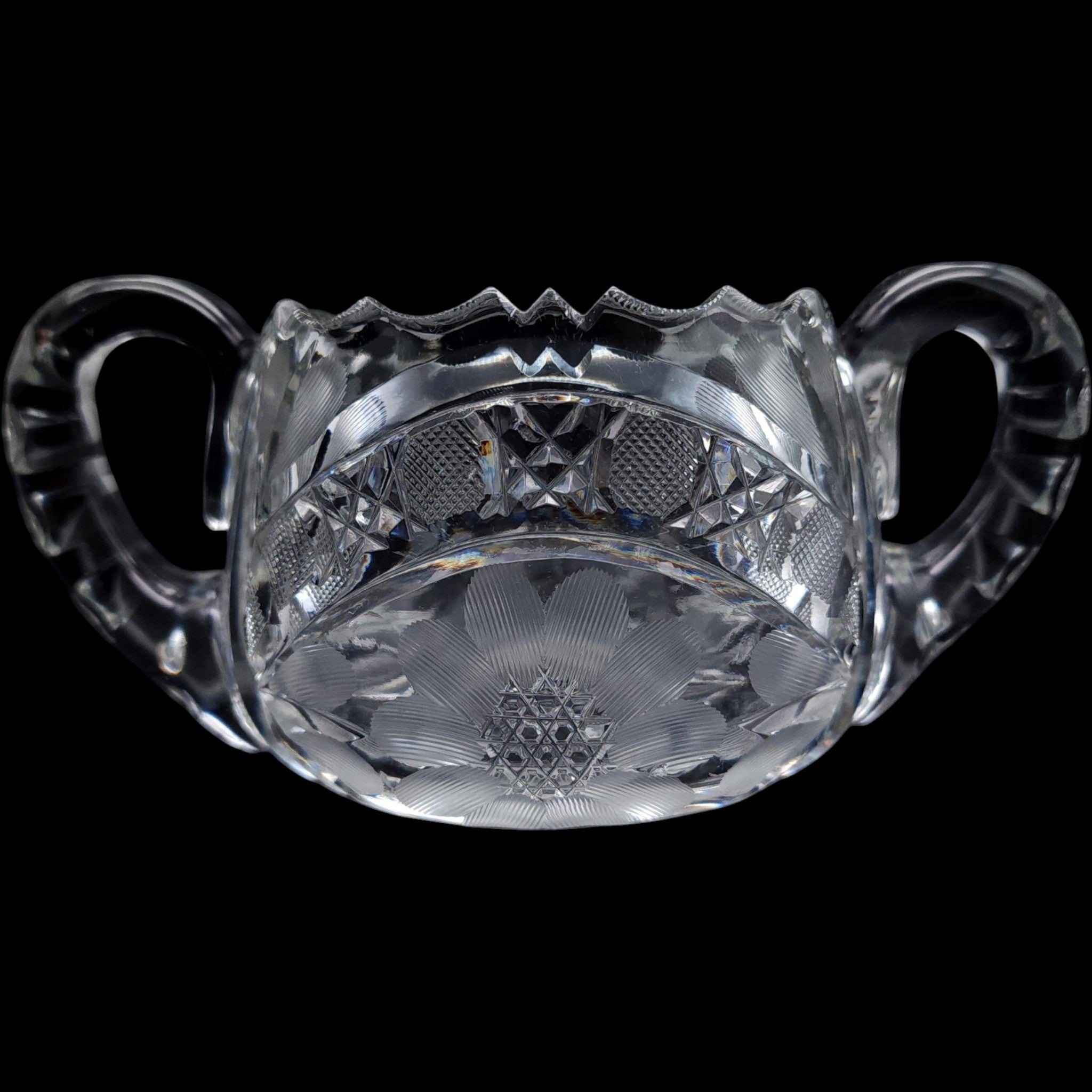 Vintage Cut Glass Open Sugar Bowl with Wheel-Cut Floral Base