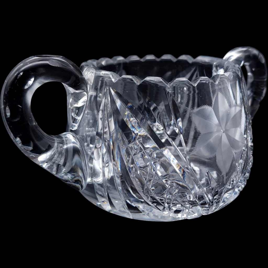 Vintage Cut Glass Open Sugar Bowl with Wheel-Cut Floral Base