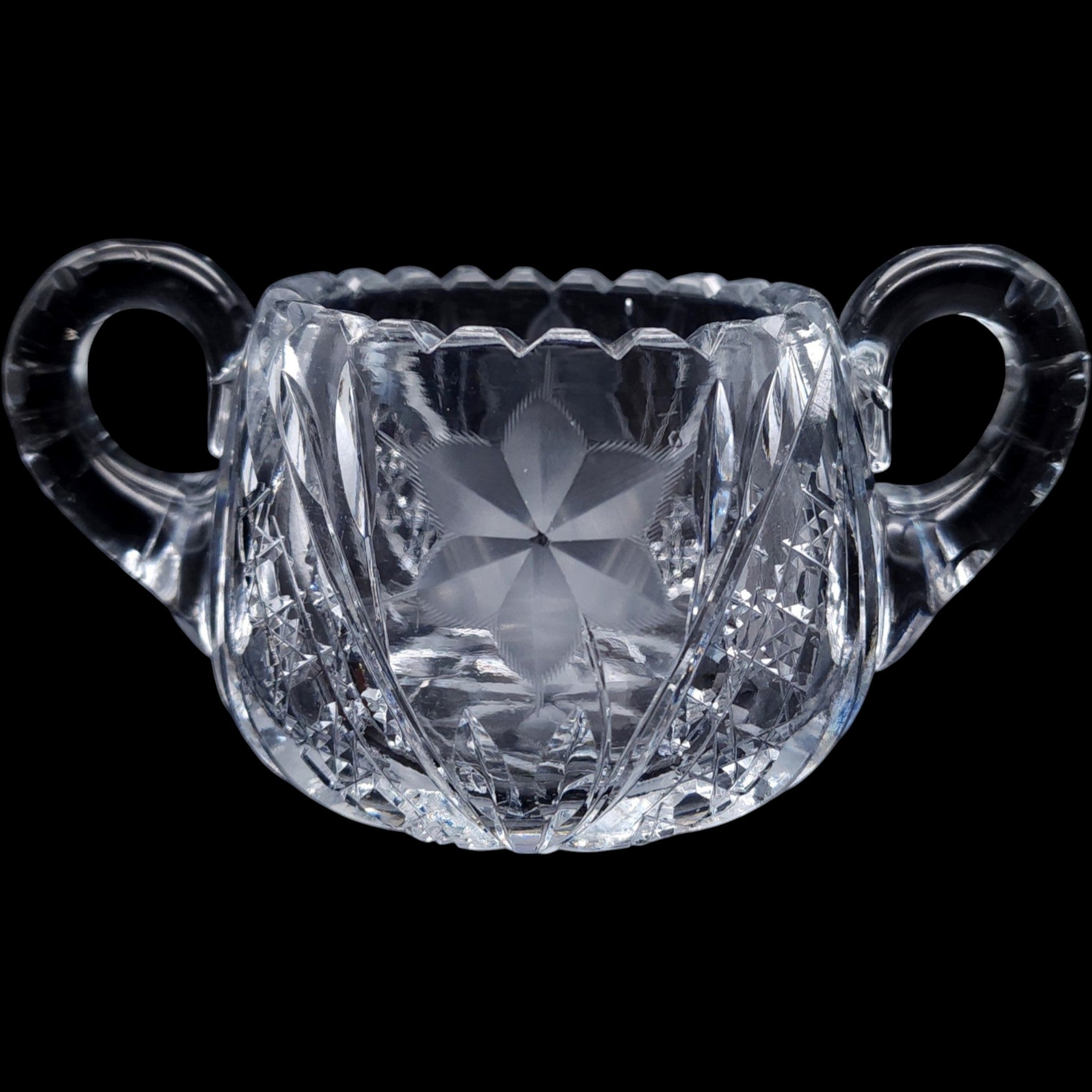 Vintage Cut Glass Open Sugar Bowl with Wheel-Cut Floral Base