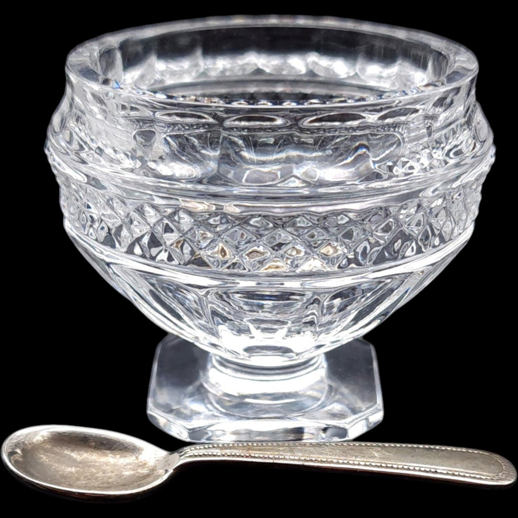 Vintage Cut Glass Pedestal Open Salt Cellar Dish with Godinger Spoon