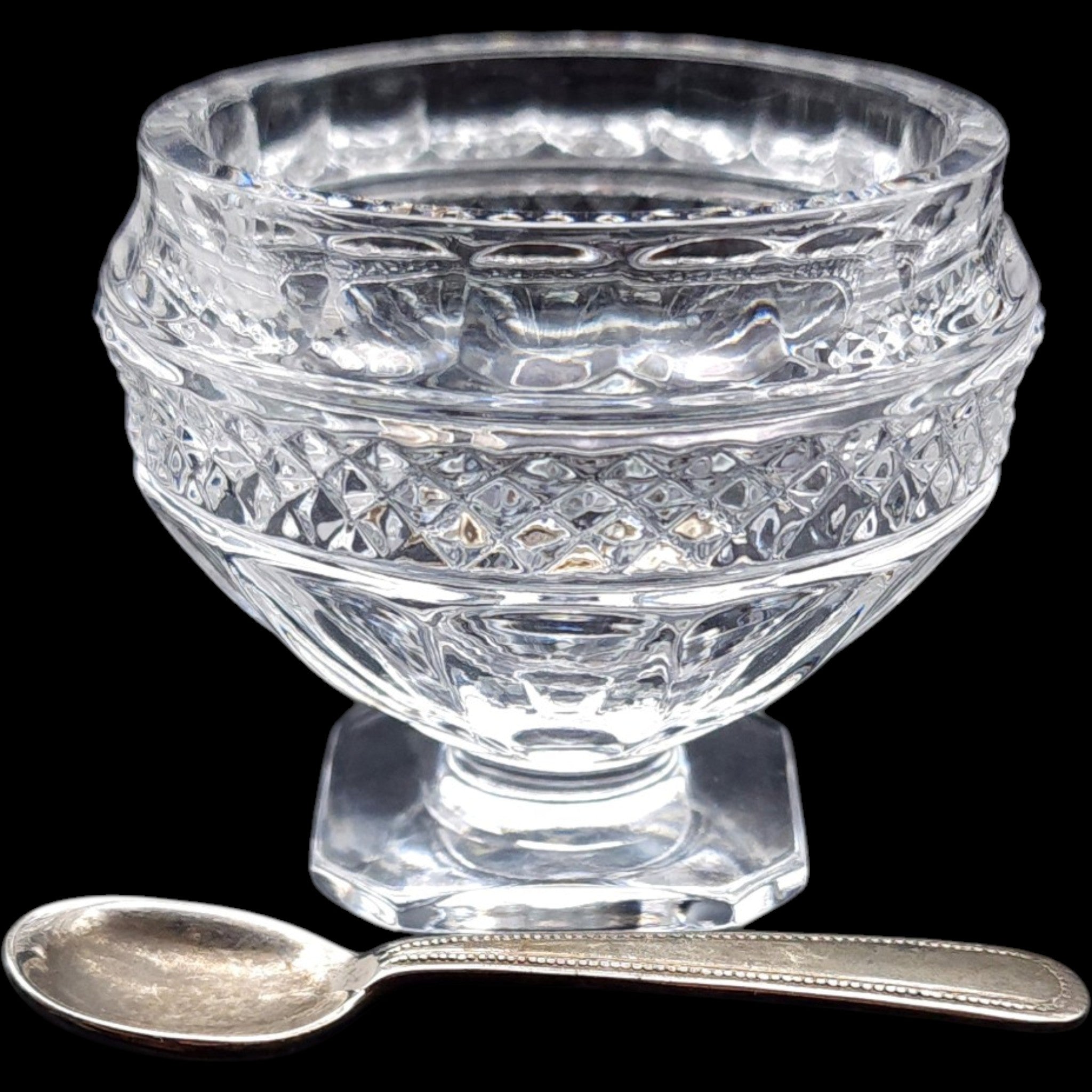 Vintage Cut Glass Pedestal Open Salt Cellar Dish with Godinger Spoon
