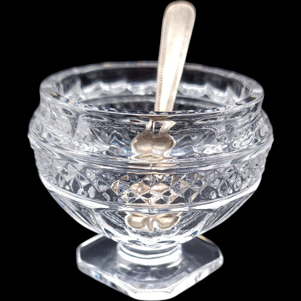 Vintage Cut Glass Pedestal Open Salt Cellar Dish with Godinger Spoon