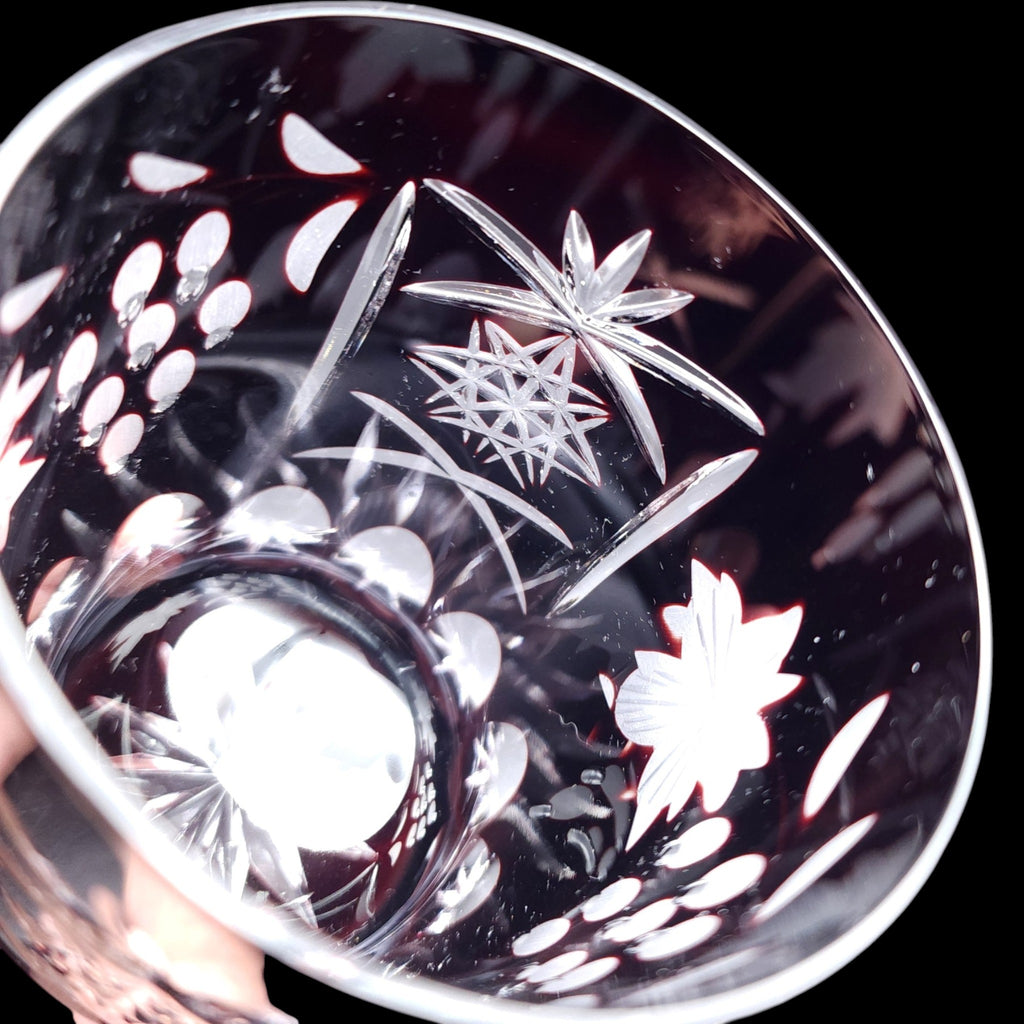 Vintage Dark Ruby Cut Glass Tumbler Diamond Crosshatch Lowball Glass