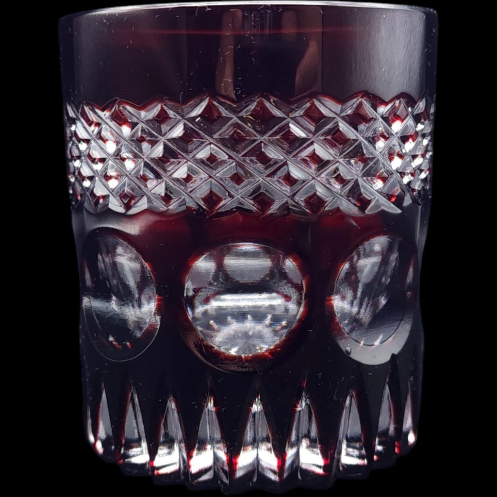 Vintage Dark Ruby Cut Glass Tumbler Diamond Crosshatch Lowball Glass