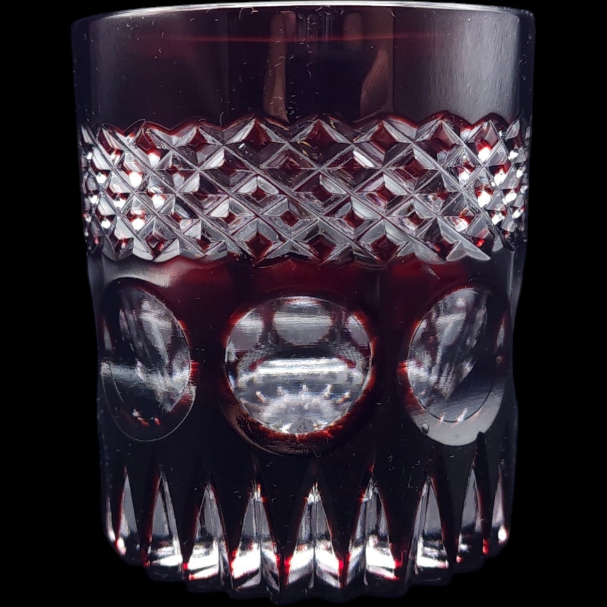 Vintage Dark Ruby Cut Glass Tumbler Diamond Crosshatch Lowball Glass