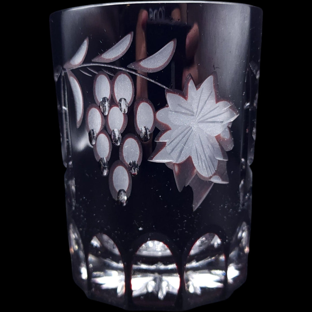 Vintage Dark Ruby Cut Glass Tumbler Diamond Crosshatch Lowball Glass