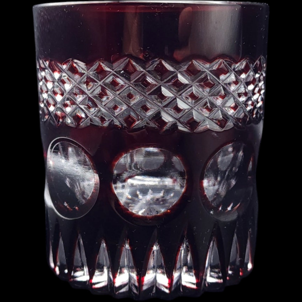 Vintage Dark Ruby Cut Glass Tumbler Diamond Crosshatch Lowball Glass