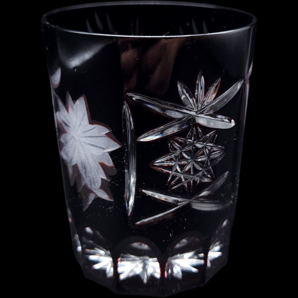 Vintage Dark Ruby Cut Glass Tumbler Diamond Crosshatch Lowball Glass