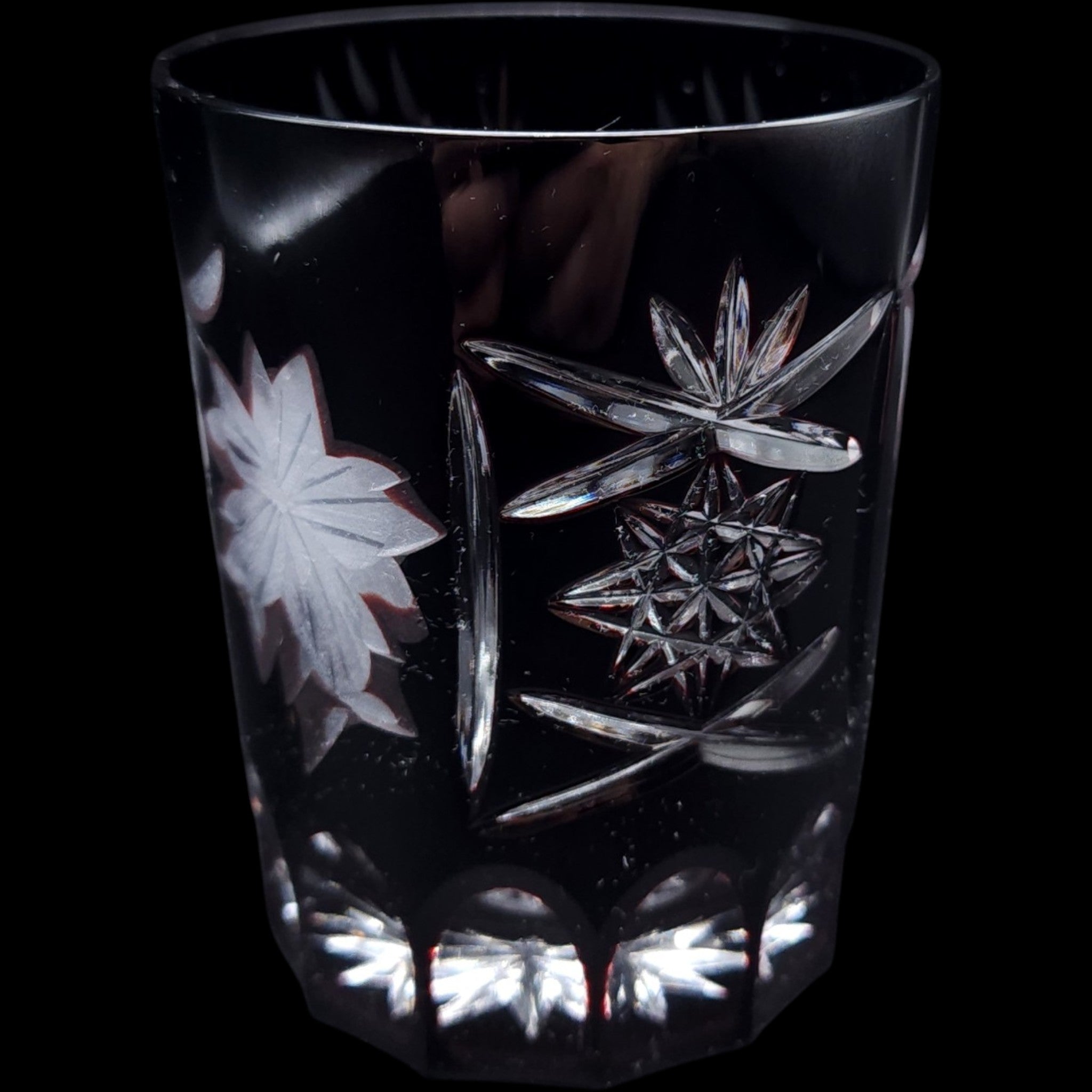 Vintage Dark Ruby Cut Glass Tumbler Diamond Crosshatch Lowball Glass