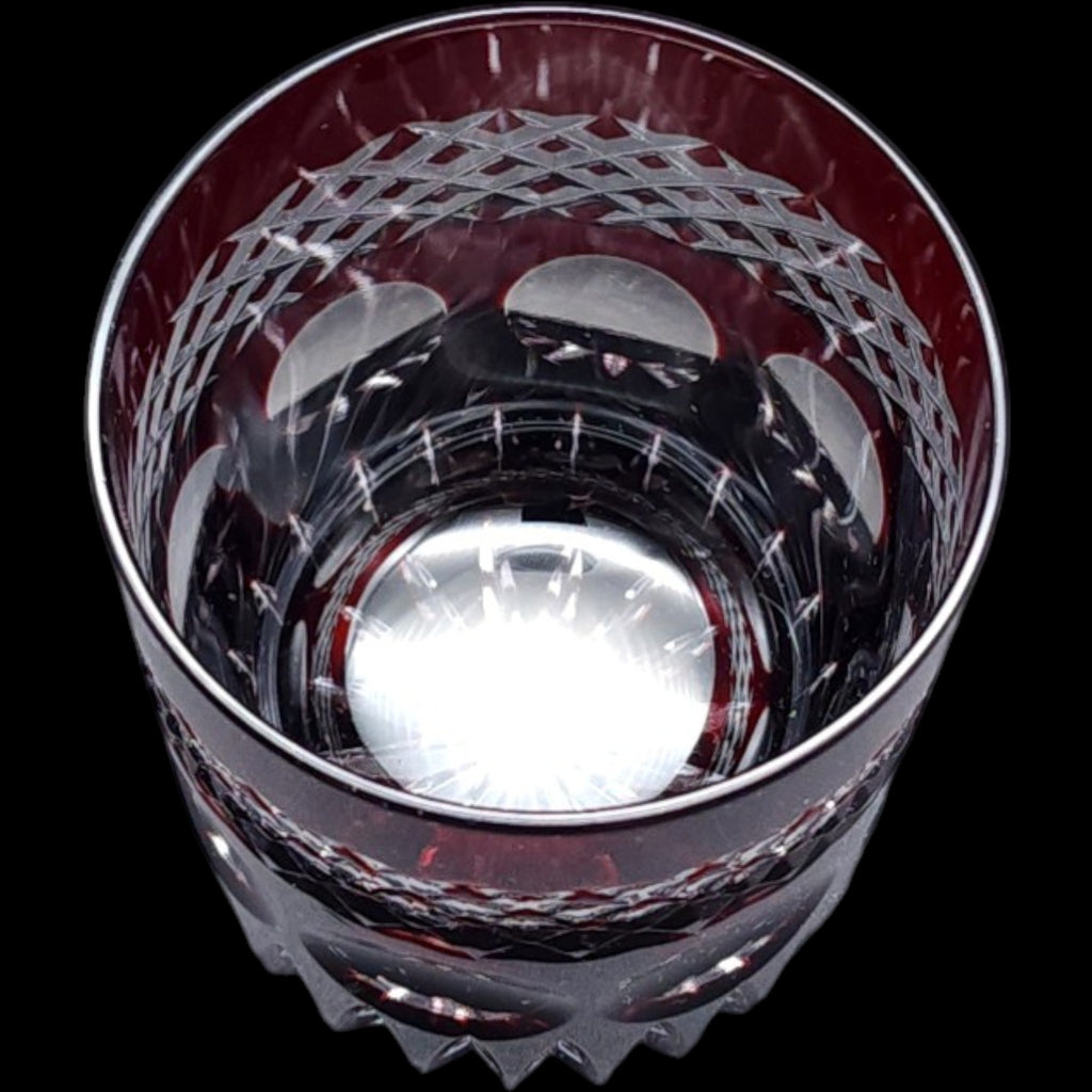 Vintage Dark Ruby Cut Glass Tumbler Diamond Crosshatch Lowball Glass