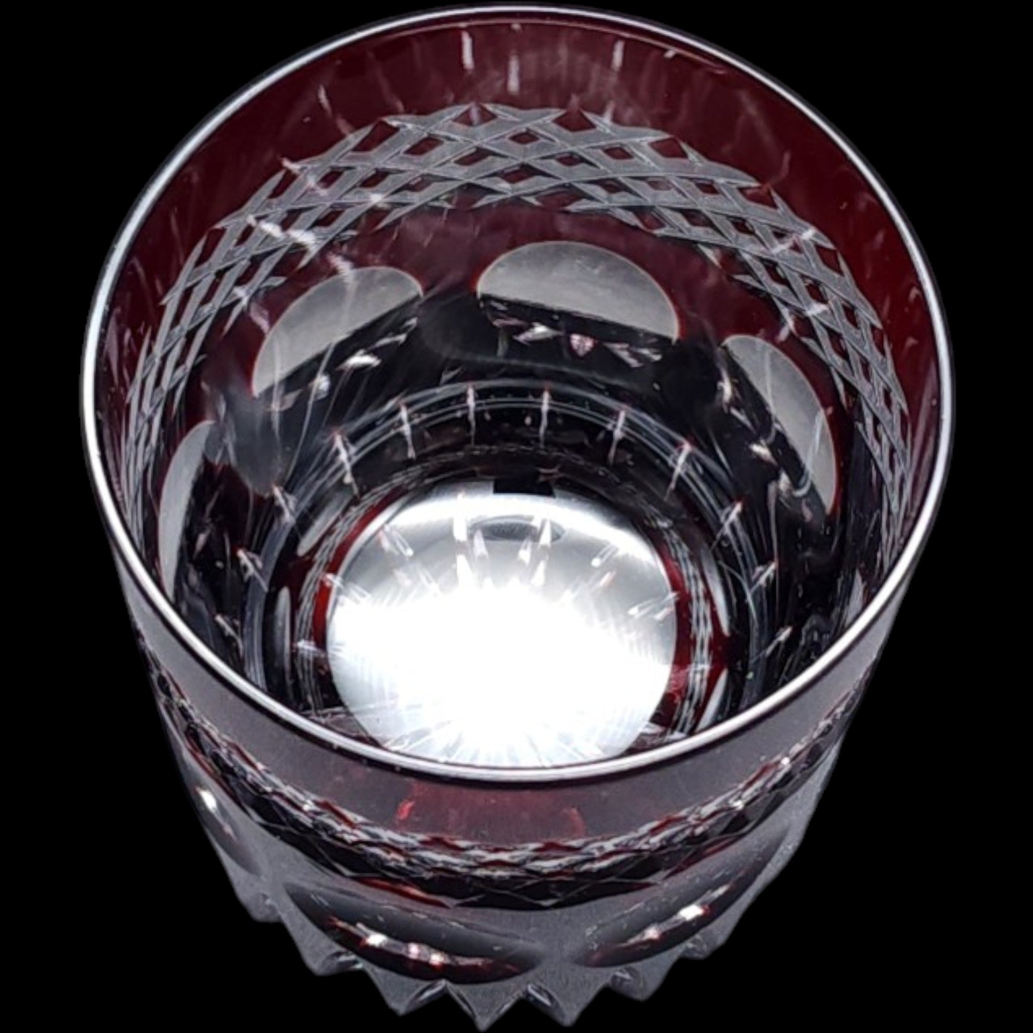 Vintage Dark Ruby Cut Glass Tumbler Diamond Crosshatch Lowball Glass