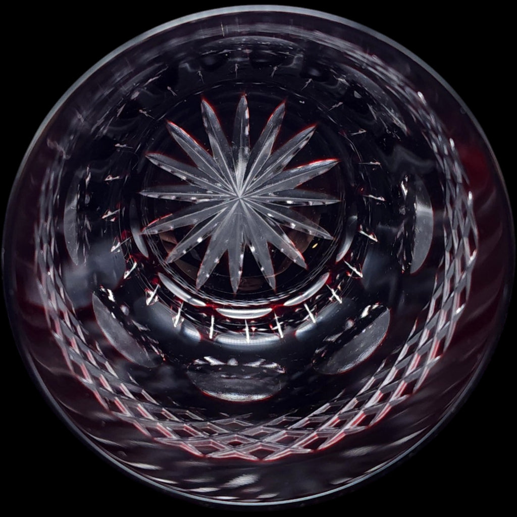 Vintage Dark Ruby Cut Glass Tumbler Diamond Crosshatch Lowball Glass
