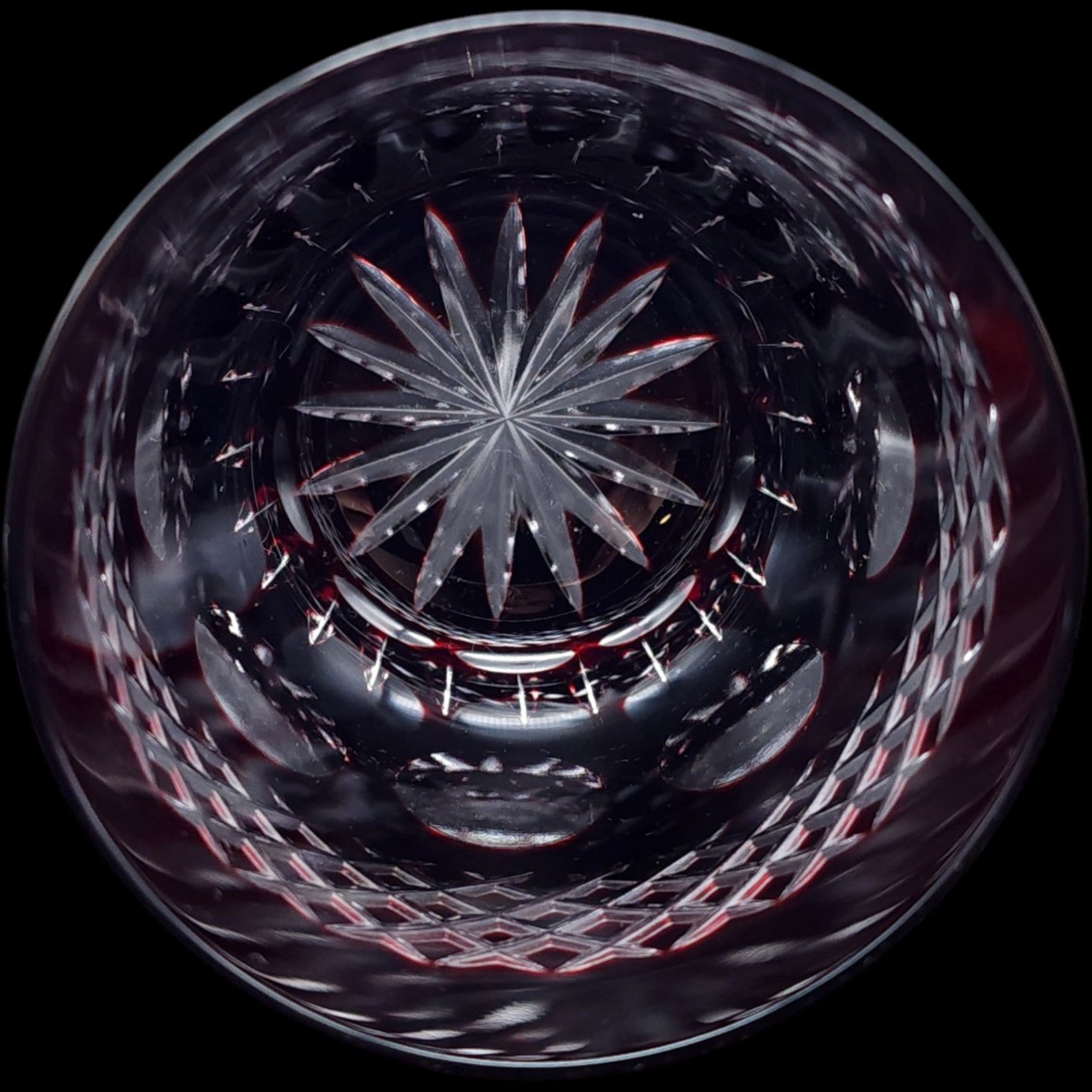 Vintage Dark Ruby Cut Glass Tumbler Diamond Crosshatch Lowball Glass