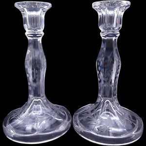 Vintage Duncan & Miller Etched Glass Taper Candlestick Holders Pair