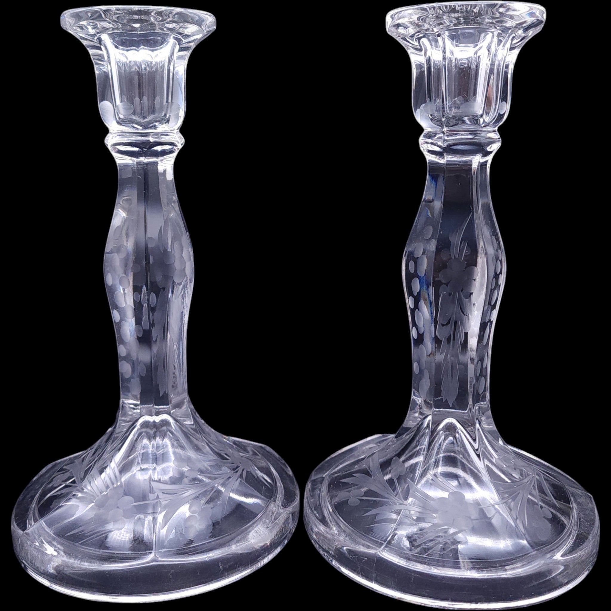 Vintage Duncan & Miller Etched Glass Taper Candlestick Holders Pair