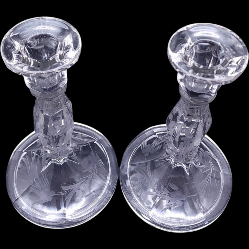 Vintage Duncan & Miller Etched Glass Taper Candlestick Holders Pair