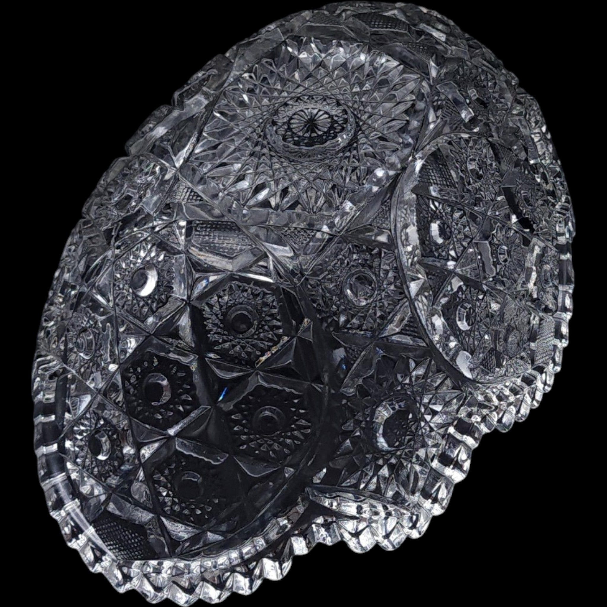 Vintage EAPG Clear Pressed Glass Oval Bowl Starburst Pinwheel Sawtooth Edge