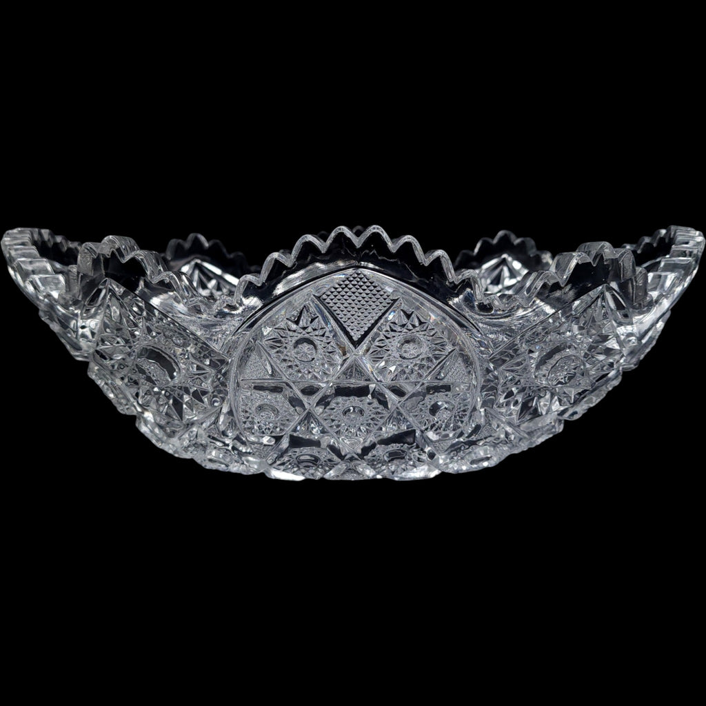 Vintage EAPG Clear Pressed Glass Oval Bowl Starburst Pinwheel Sawtooth Edge