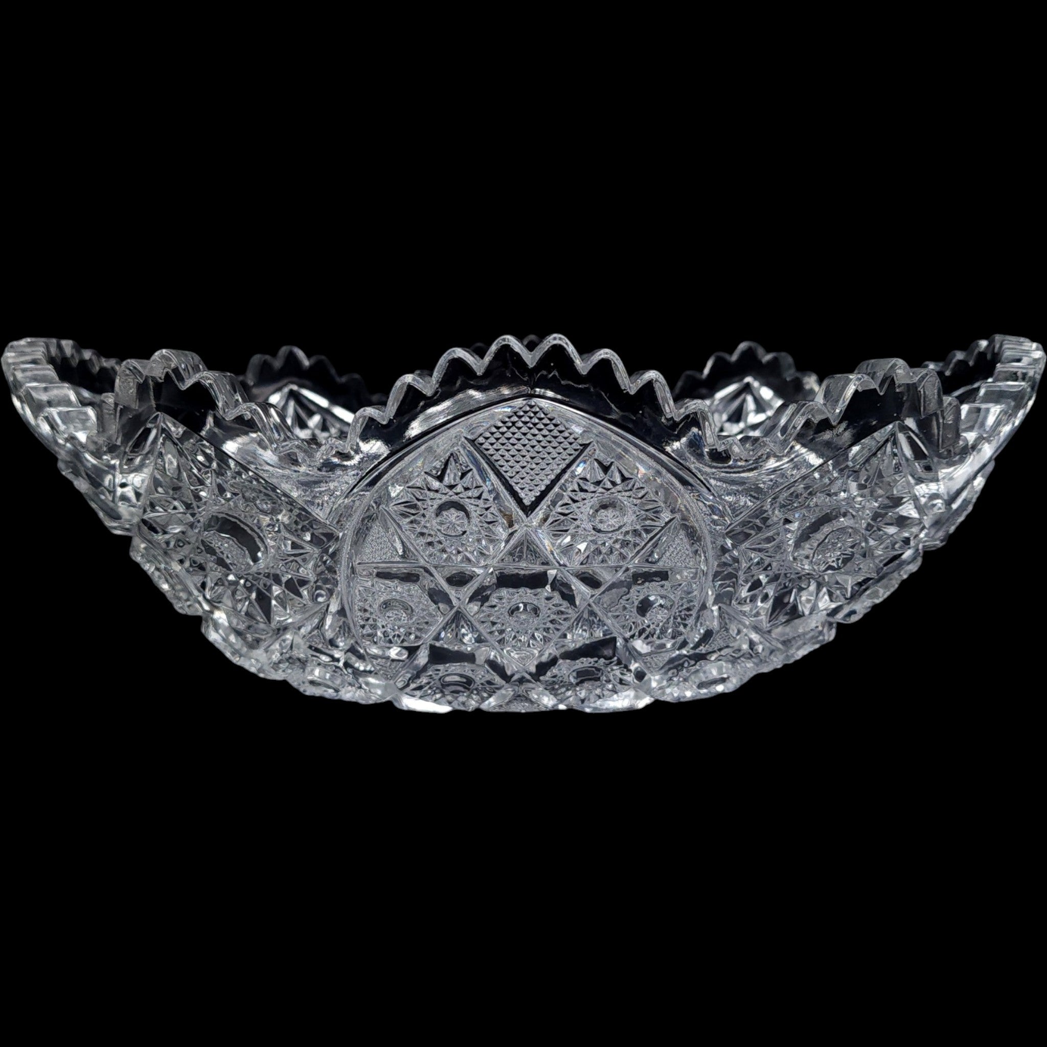 Vintage EAPG Clear Pressed Glass Oval Bowl Starburst Pinwheel Sawtooth Edge
