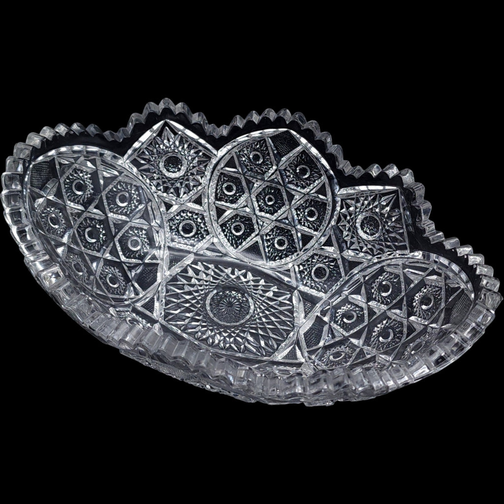 Vintage EAPG Clear Pressed Glass Oval Bowl Starburst Pinwheel Sawtooth Edge