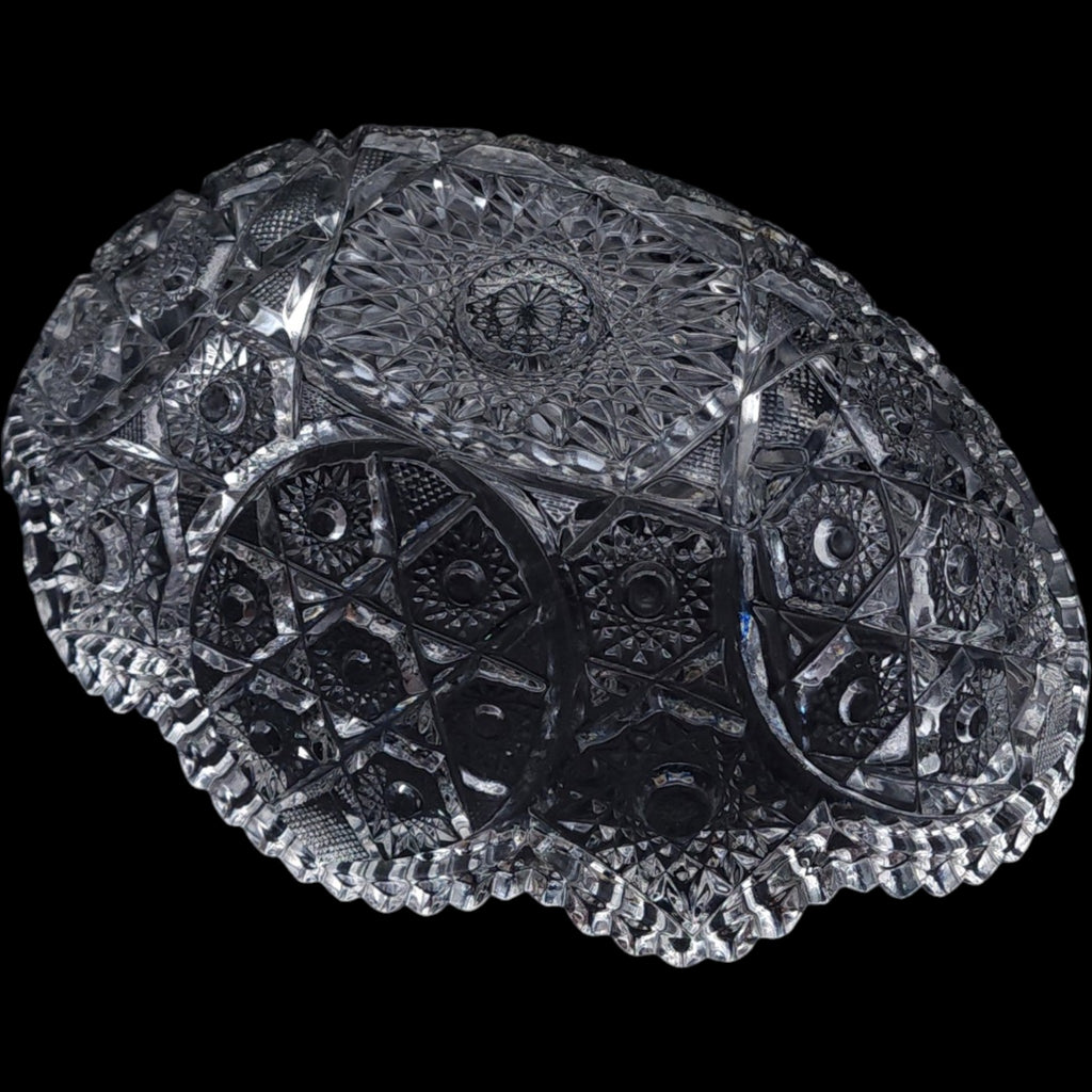 Vintage EAPG Clear Pressed Glass Oval Bowl Starburst Pinwheel Sawtooth Edge