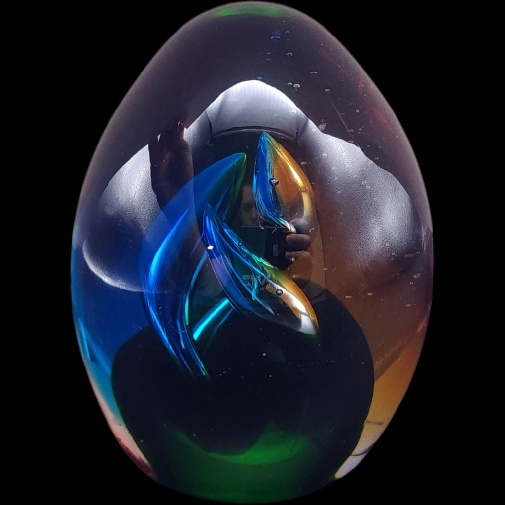 Vintage Egg Shaped Art Glass Paperweight Blue Green Iridescent Swirl