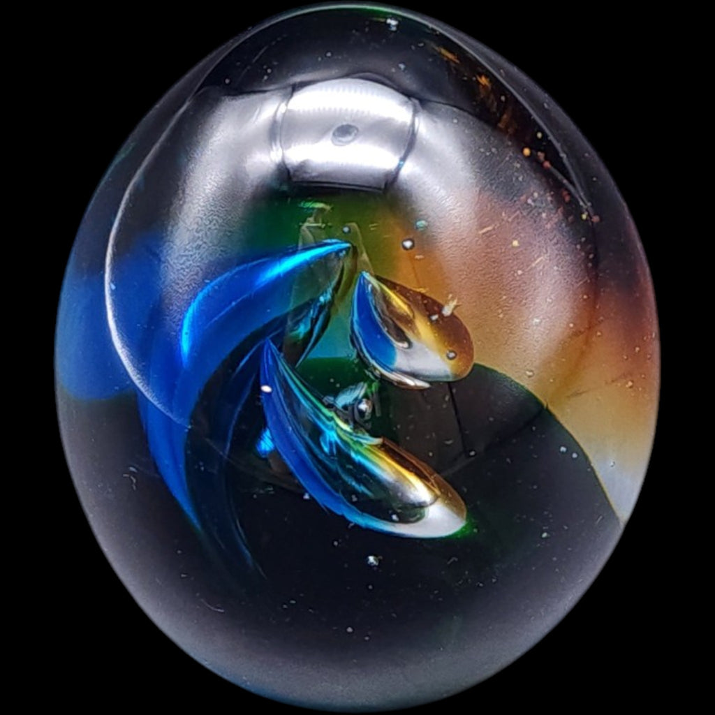 Vintage Egg Shaped Art Glass Paperweight Blue Green Iridescent Swirl