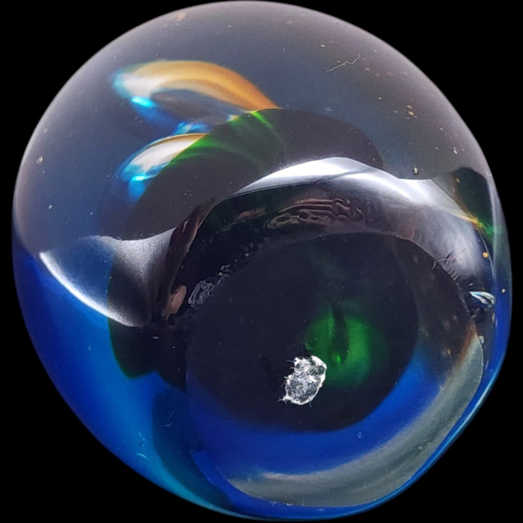 Vintage Egg Shaped Art Glass Paperweight Blue Green Iridescent Swirl