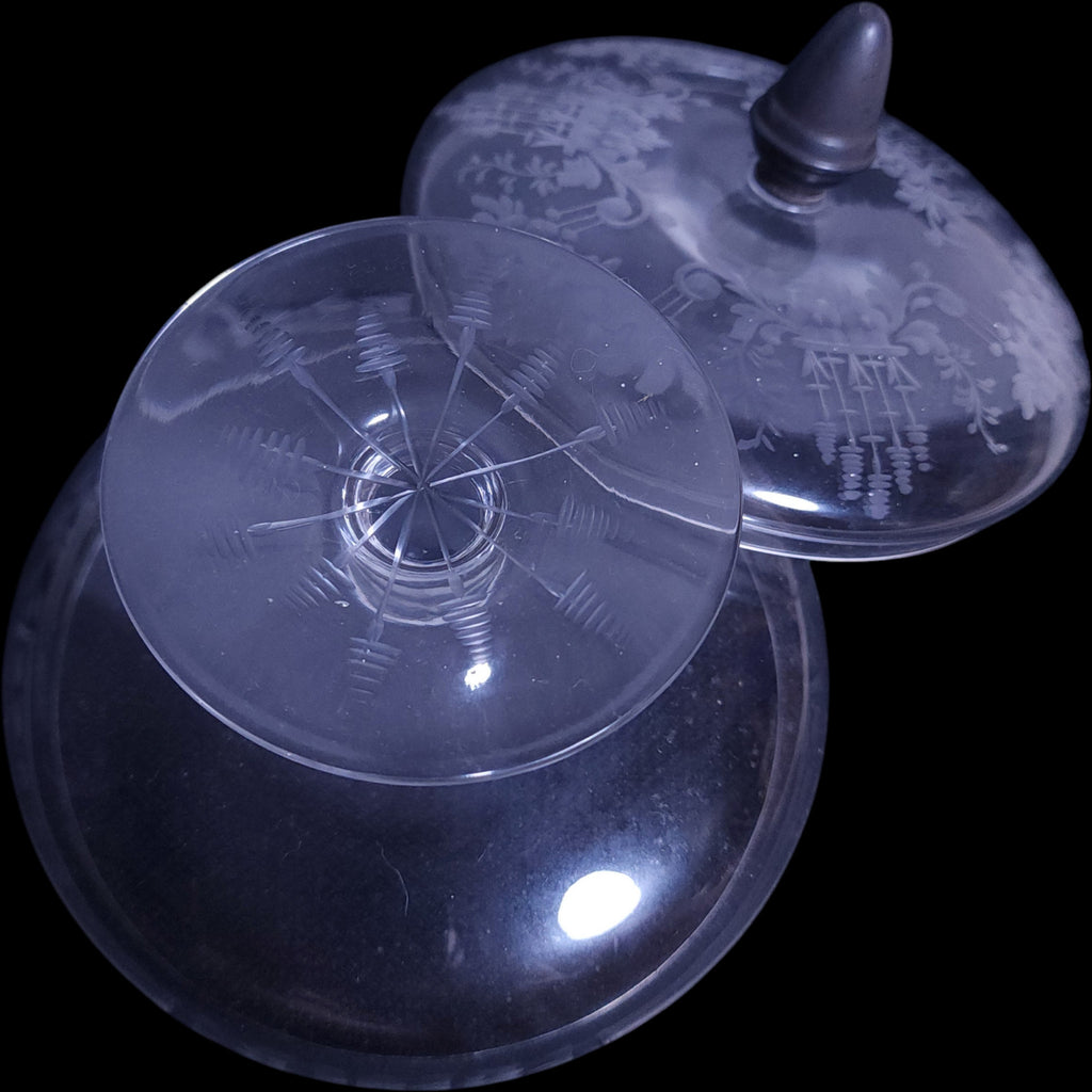 Elegant Etched Glass Covered Compote Candy Dish