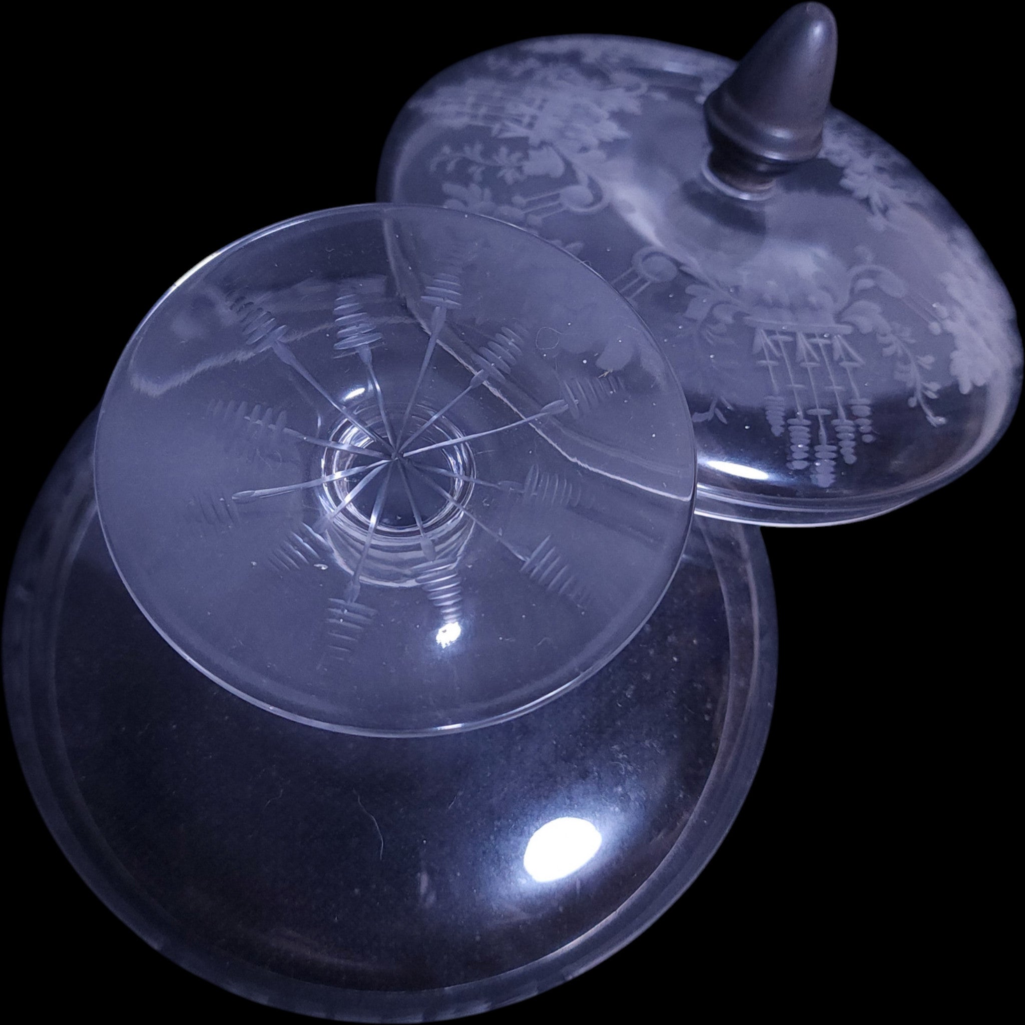 Elegant Etched Glass Covered Compote Candy Dish