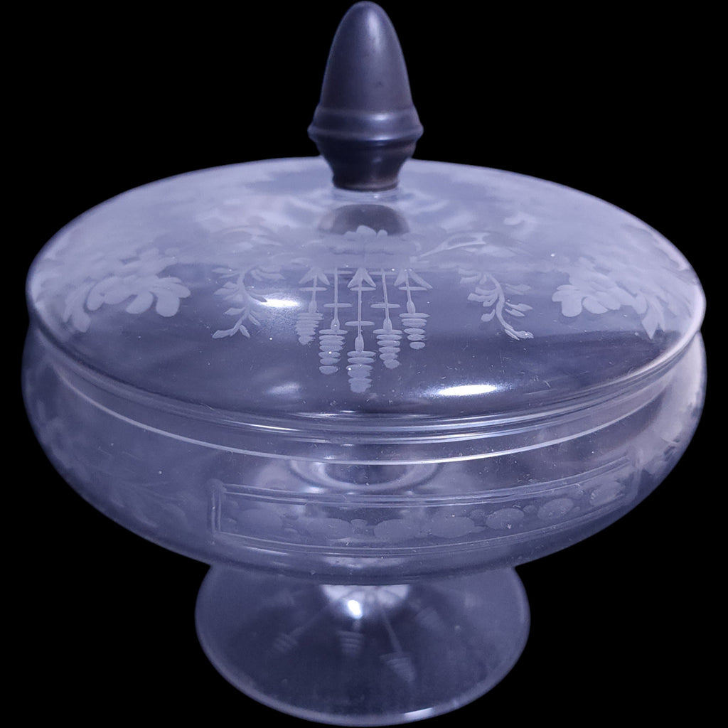 Elegant Etched Glass Covered Compote Candy Dish
