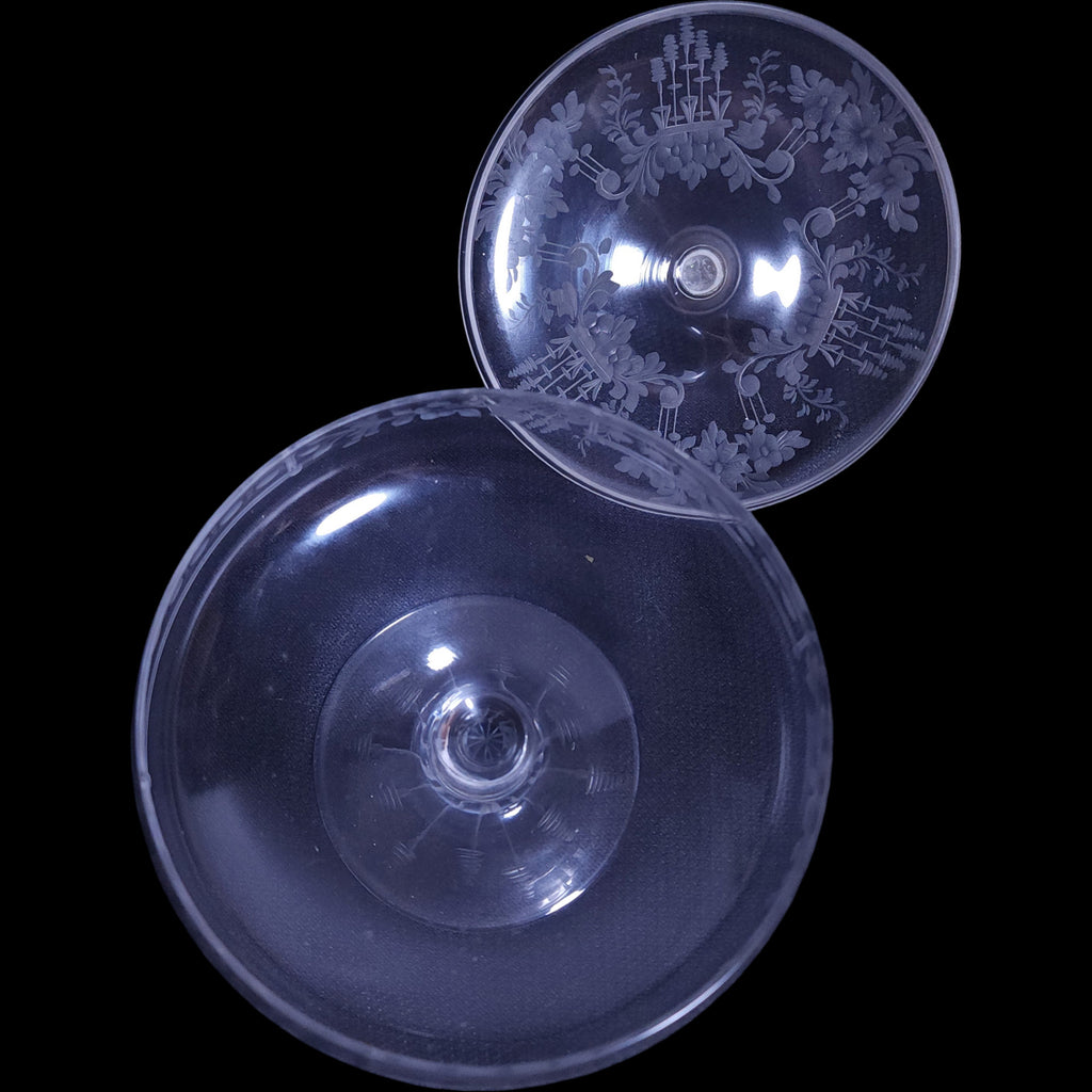 Elegant Etched Glass Covered Compote Candy Dish