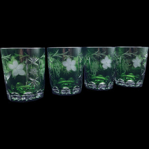 Vintage Emerald Green Cut to Clear Old Fashioned Glasses Set of 4