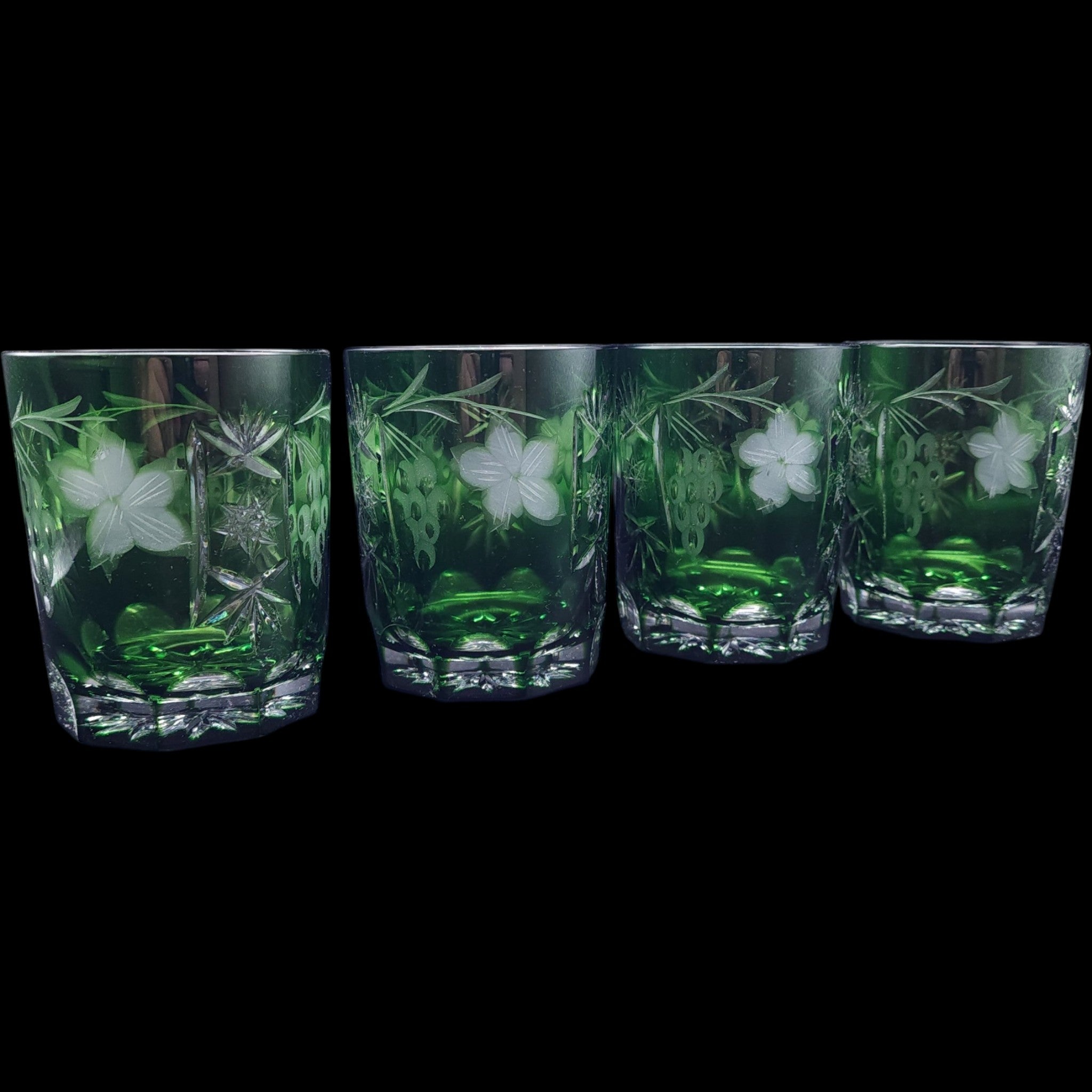 Vintage Emerald Green Cut to Clear Old Fashioned Glasses Set of 4