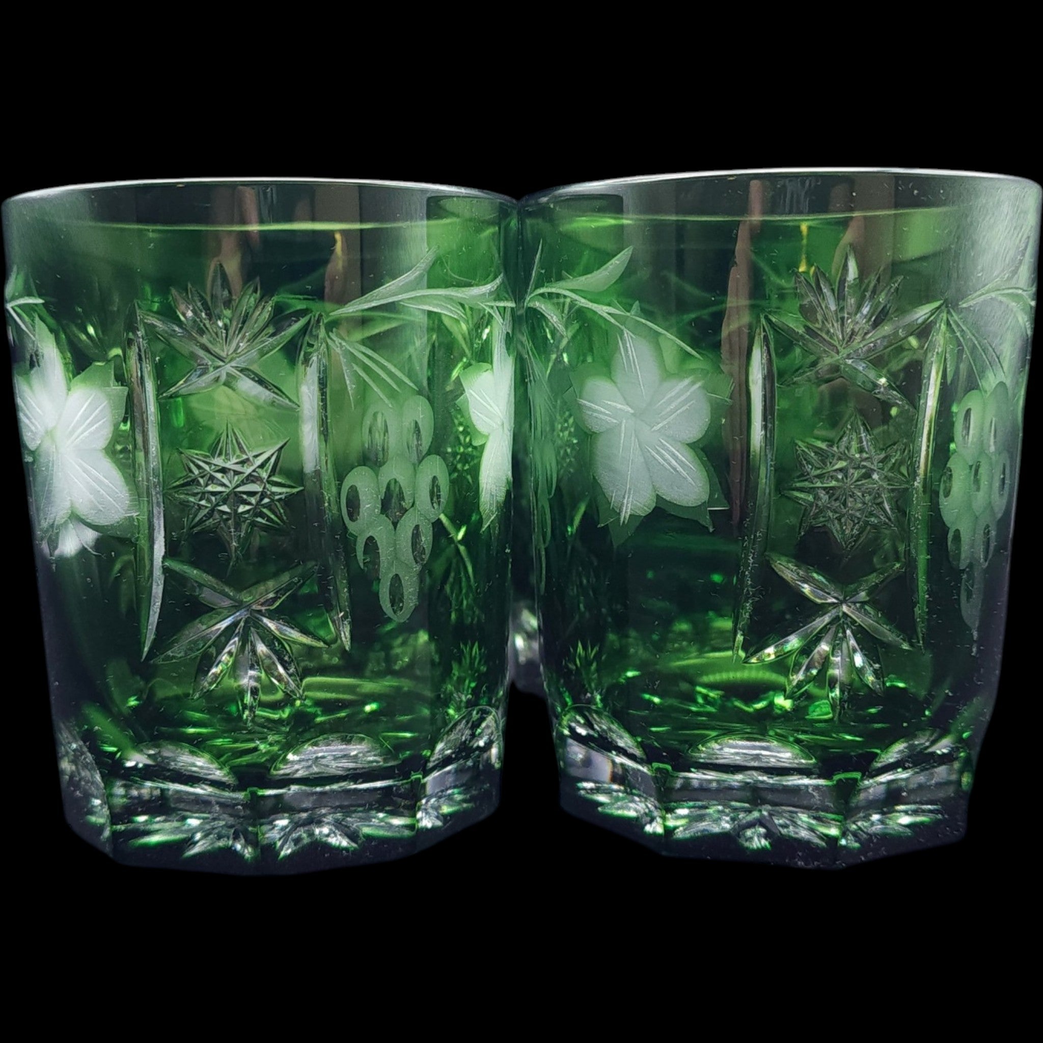 Vintage Emerald Green Cut to Clear Old Fashioned Glasses Set of 4