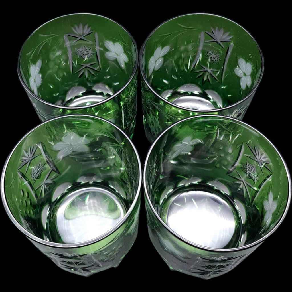 Vintage Emerald Green Cut to Clear Old Fashioned Glasses Set of 4