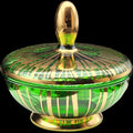 Vintage Emerald Green Lidded Candy Dish with Gold Gilt Stripes