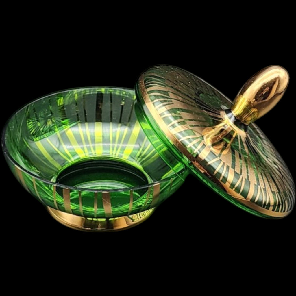 Vintage Emerald Green Lidded Candy Dish with Gold Gilt Stripes