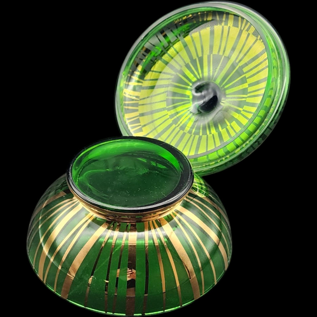 Vintage Emerald Green Lidded Candy Dish with Gold Gilt Stripes