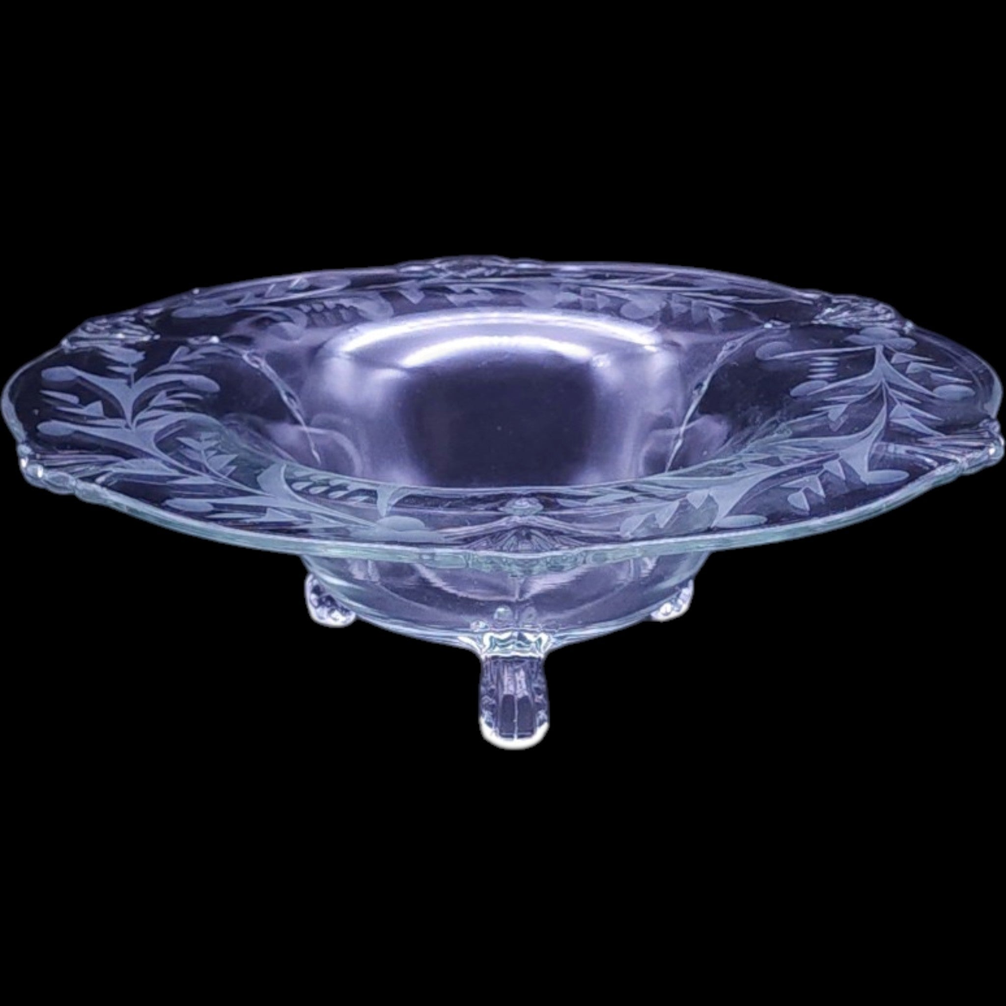Vintage Etched Clear Glass Three-Footed Console Bowl